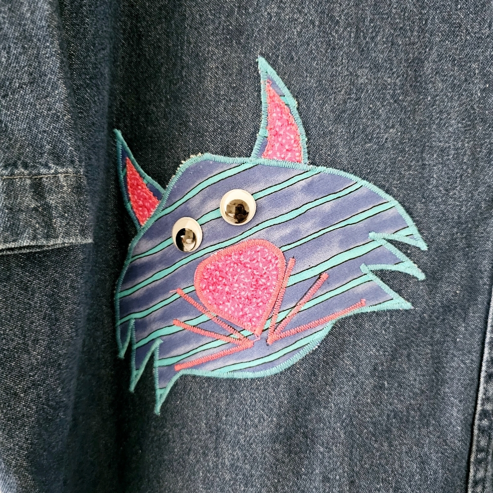Vintage Haiks crazy cats denim blouse size L embroidered embellished - Picture 4 of 16